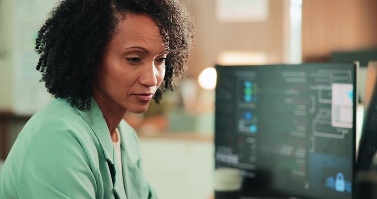 Focused Female Software Developer Working on Code in Office