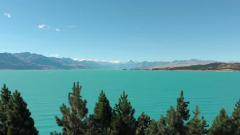 aerial parallel view of lake pukaki, as seen from the opposite side of mount cook