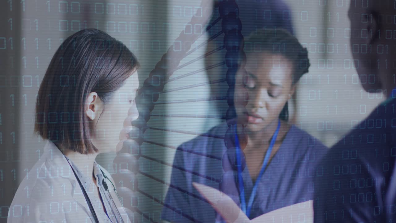 Animation of dna strand and data processing over diverse doctors