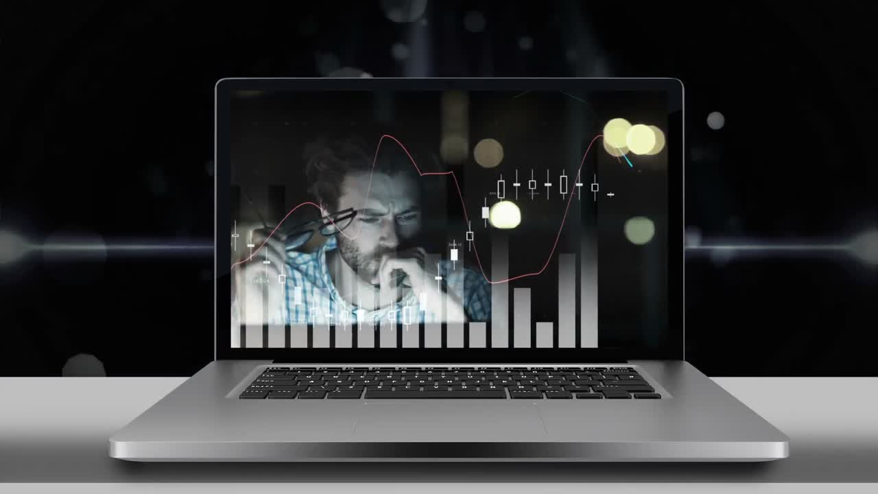 pantalla del portátil que muestra un hombre de negocios desesperado y un número de video