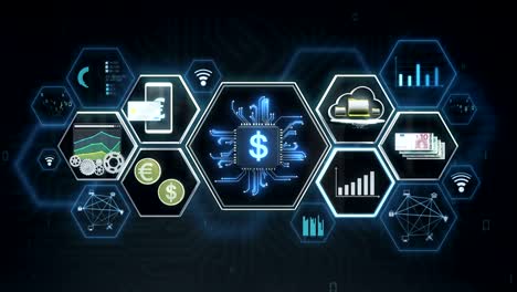 icono de fin-tech, tecnología financiera y varios iconos de información. película de tamaño 4k.