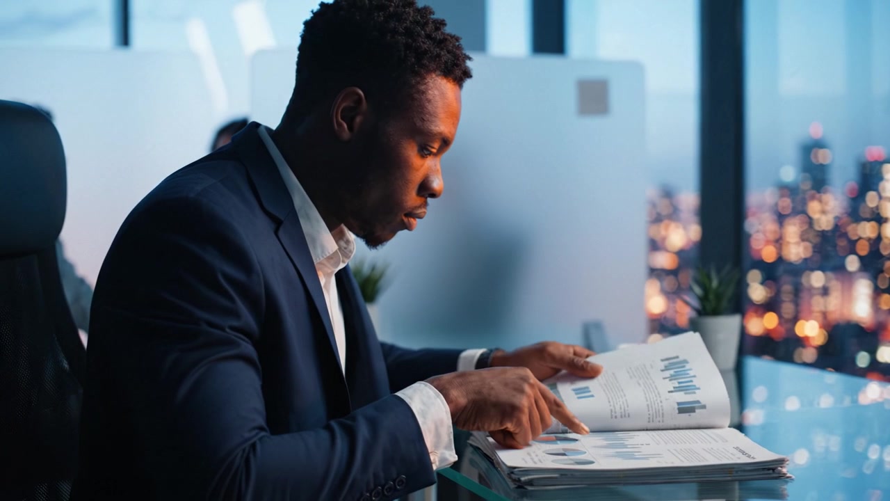 Professionnel des affaires concentré analysant des rapports financiers dans un bureau moderne avec vue sur la ville, démontrant sa concentration et ses compétences en interprétation de données.