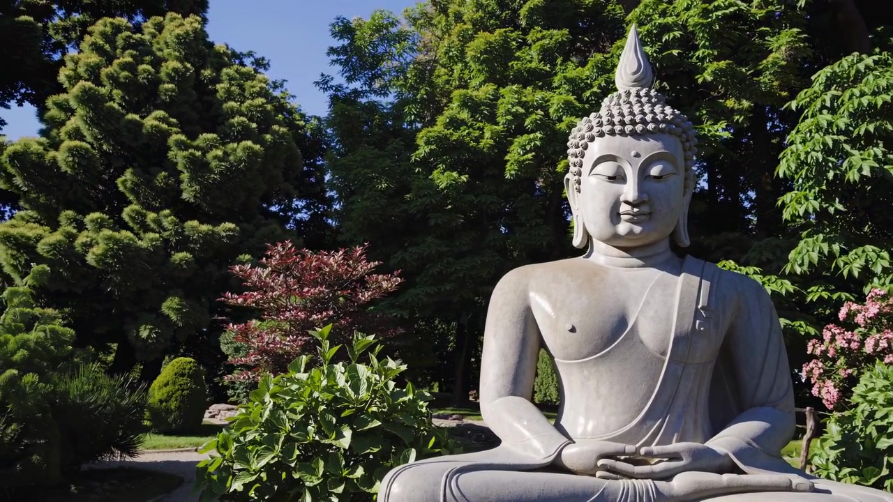 Statua serena di Buddha in meditazione in un giardino verde lussureggiante