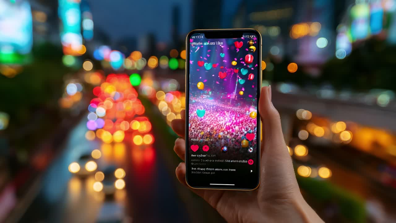 Una vivace esperienza mobile: cattura l'essenza di un evento live ricco di colori attraverso uno smartphone, immerso in un paesaggio urbano fatto di luci dinamiche e atmosfera carica di energia