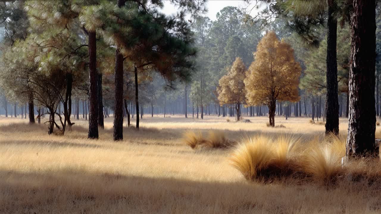 A Serene Landscape Captured in Two Frames: An Enchanting Forest Scene Featuring Graceful Pines, Golden Grasses, and Late Autumn Foliage Reflecting Nature's Tranquility