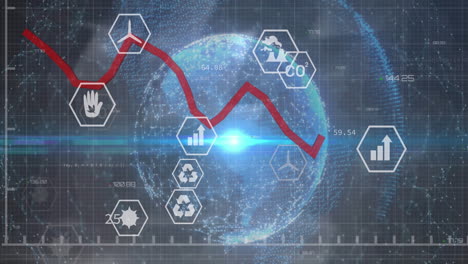 animation of multiple icons, graphs with numbers, computer language over connected dots globe