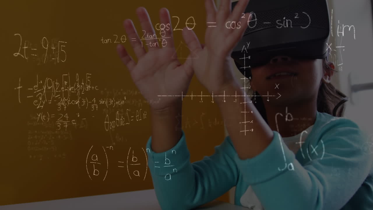 animación de fórmulas matemáticas sobre una escolar usando auriculares vr