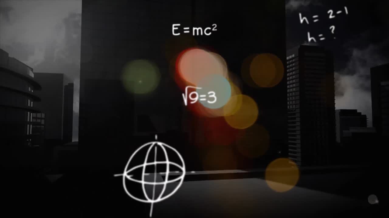 animación de ecuaciones matemáticas con efecto bokeh sobre el edificio contra el cielo nublado.