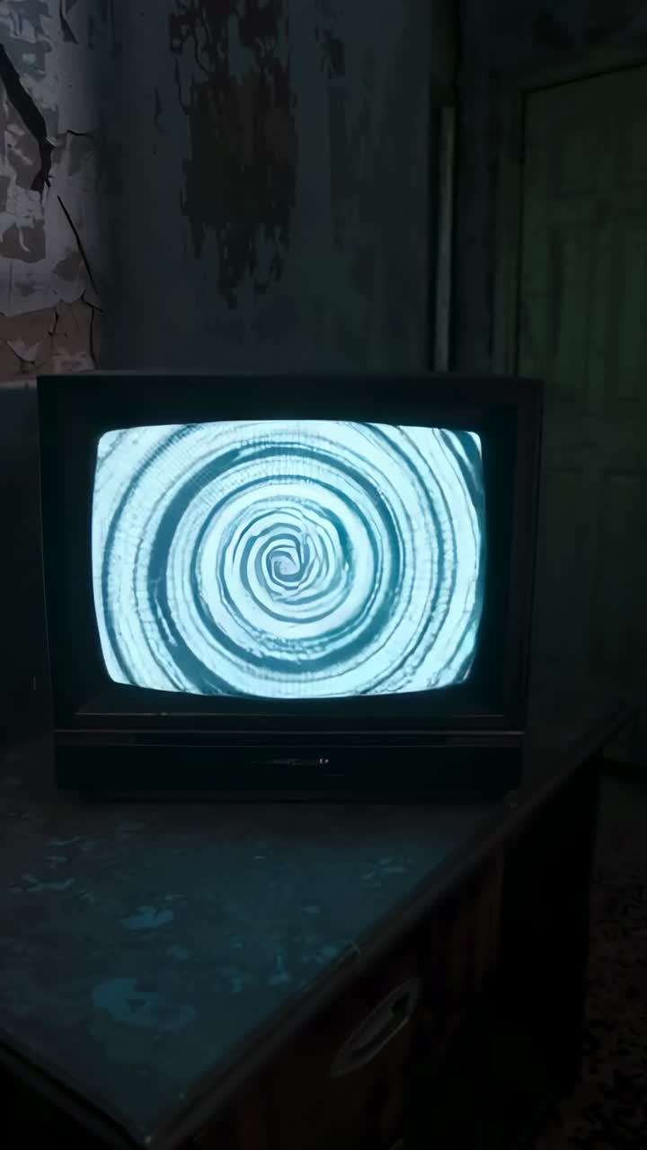 Vertical video: Shifting static into expanding spiral vortex on CRT TV in run-down room, with desk