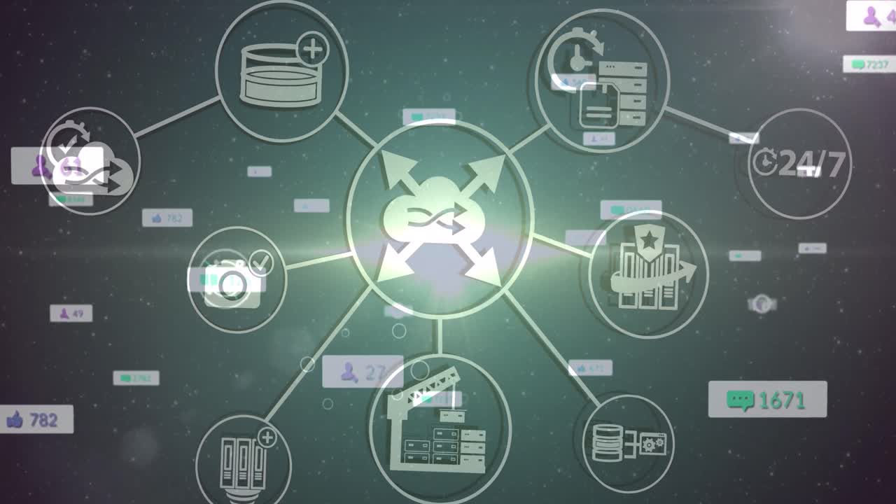 animación de números y iconos que caen sobre un fondo oscuro