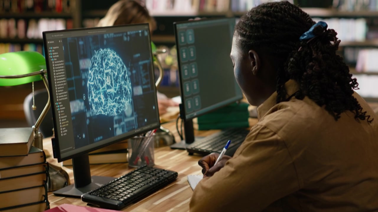 Black student working with AI brain display on desktop computer in library