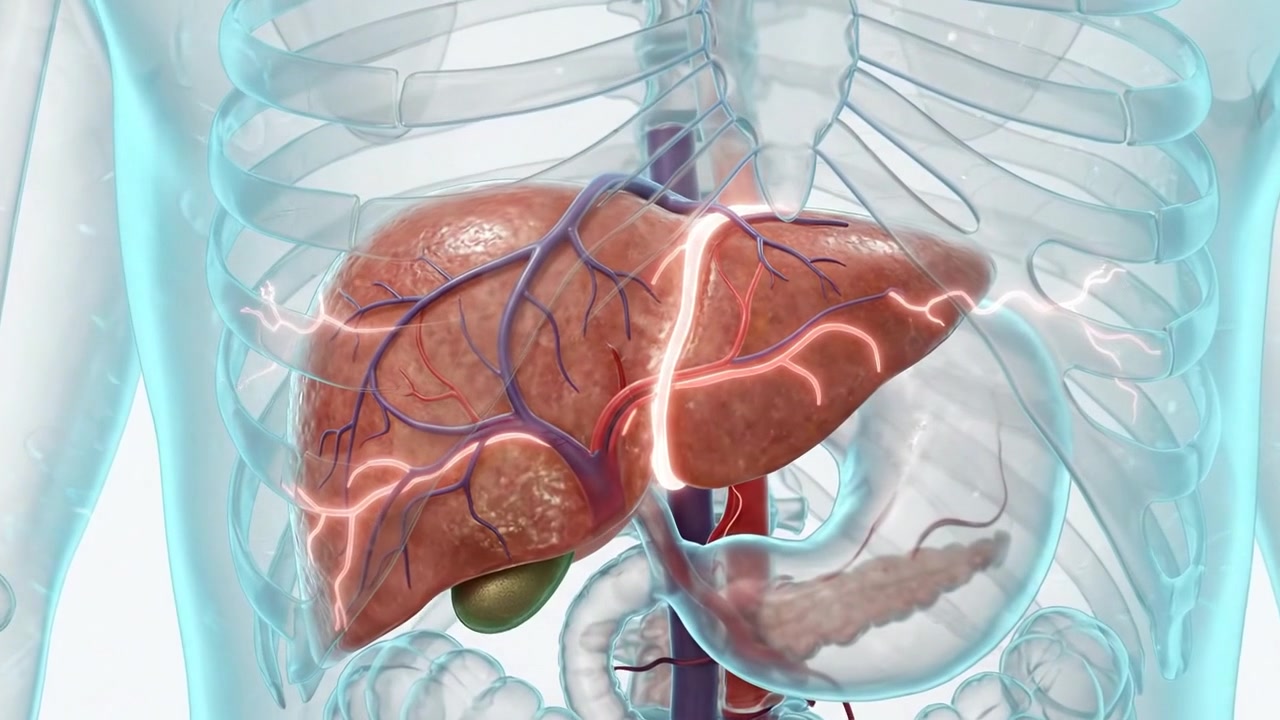3D Render of Human Liver and Vascular Branches in Chest