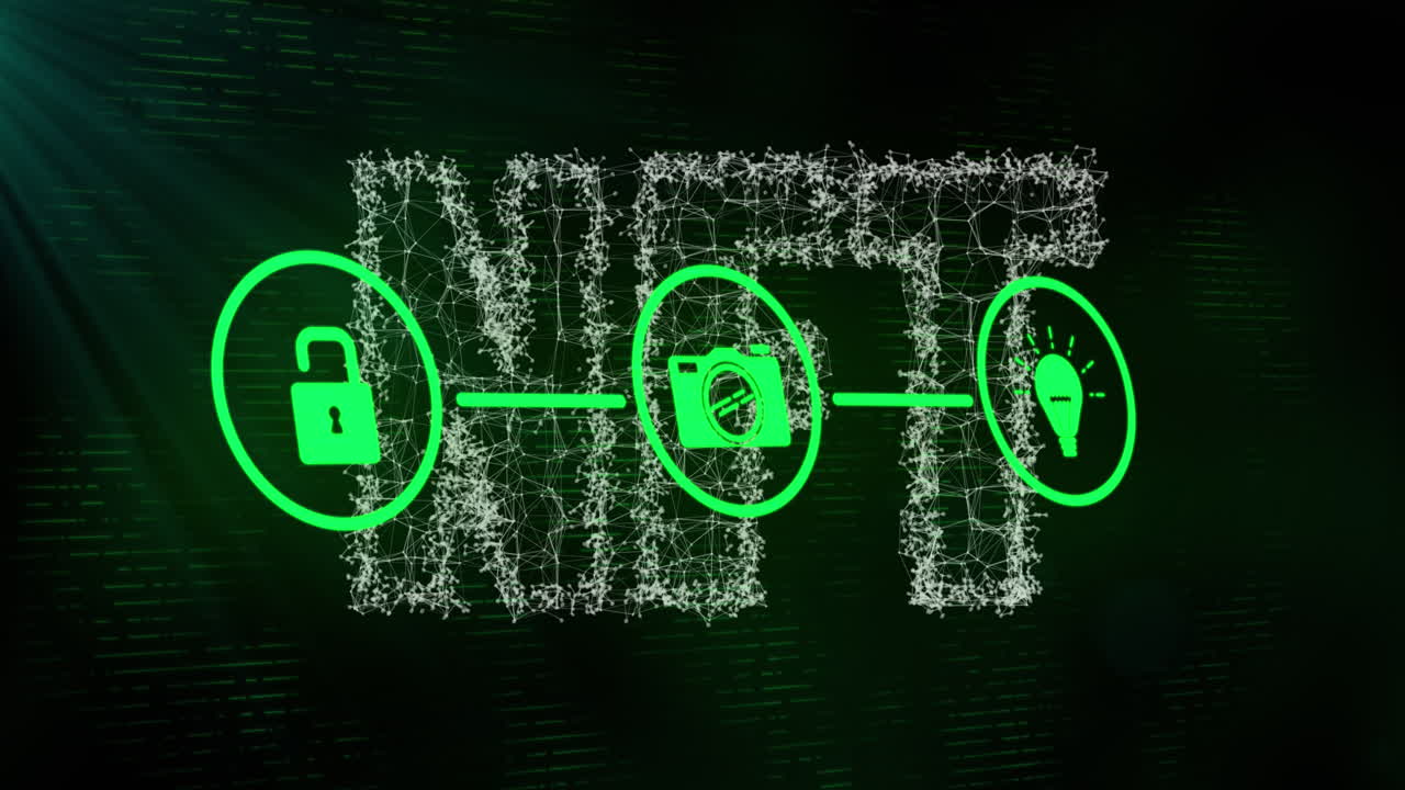 red de iconos de seguridad y medios sobre red de texto nft en fondo negro.