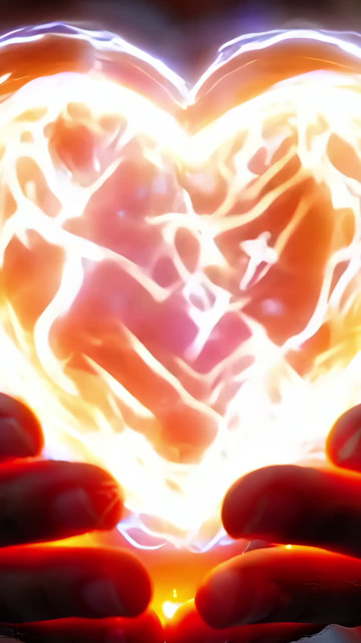 A woman is holding a heart made of glass with a light inside. The heart is broken and the light inside is glowing. Concept of fragility and vulnerability, as the heart is broken