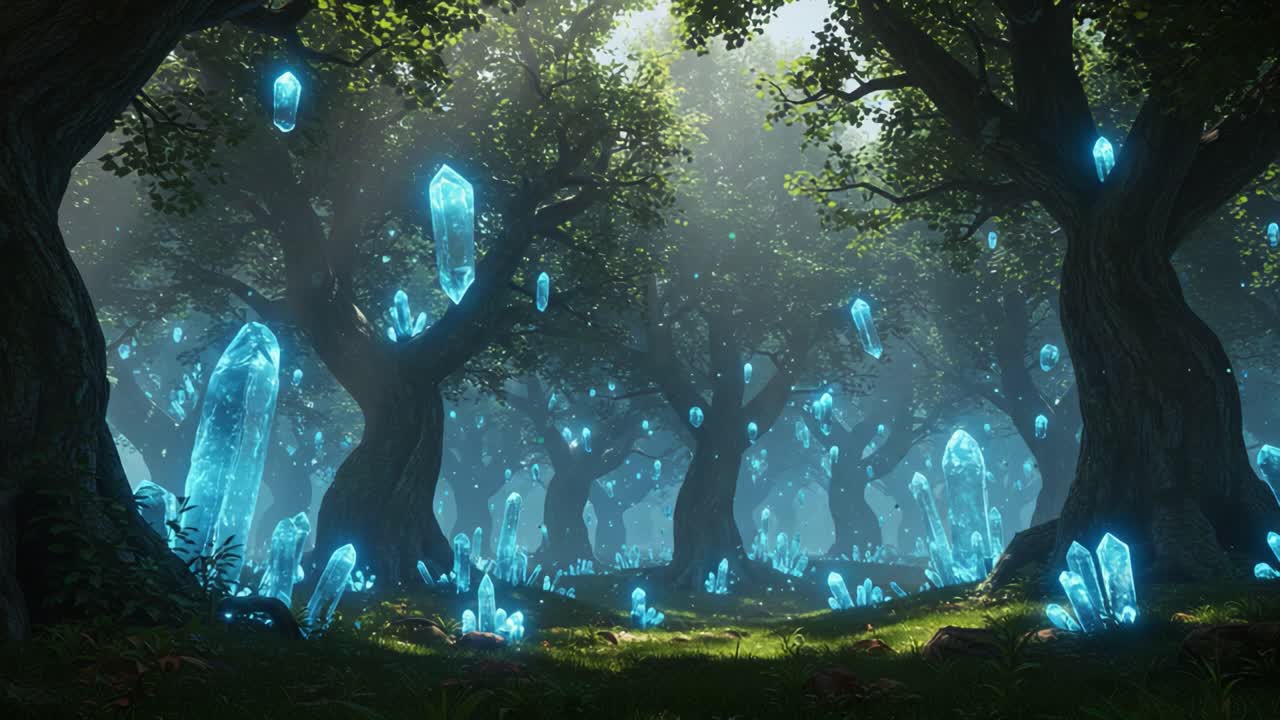 Enchanting Forest Filled with Ethereal Crystals Illuminating a Magical Landscape, Captured with a Mystical Glow and Dappled Light Streaming Through Foliage