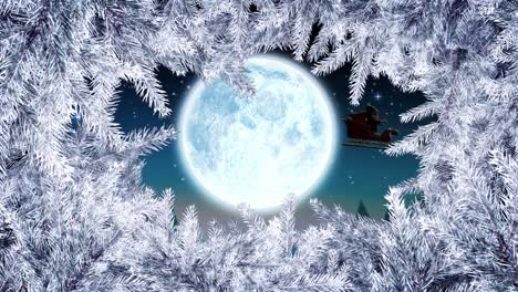 animation of christmas white fir tree frame and santa sleigh over full moon