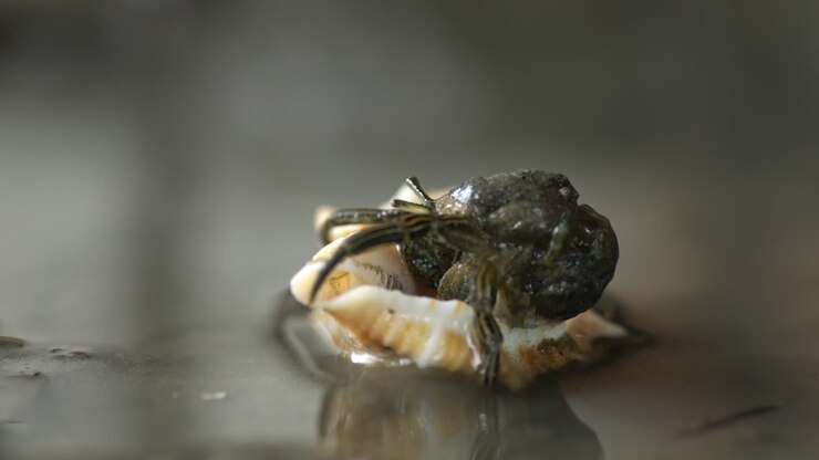 Hermit crab closeup finds and enters new gastropoda shell, fitting its size