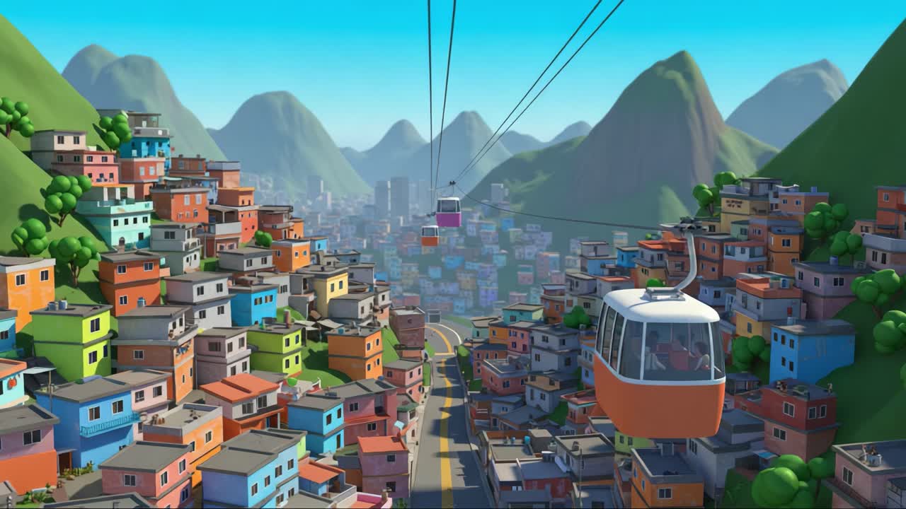 A Colorful Aerial View of a Vibrant Cityscape with Cable Cars and Lush Green Mountains in the Background, Showcasing the Unique Architectural Diversity of Urban Life