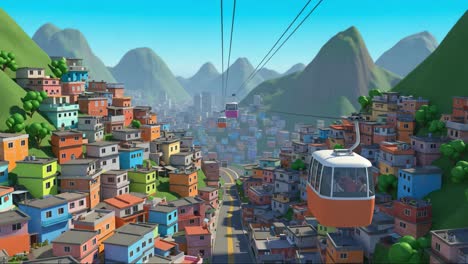 a colorful aerial view of a vibrant cityscape with cable cars and lush green mountains in the background, showcasing the unique architectural diversity of urban life