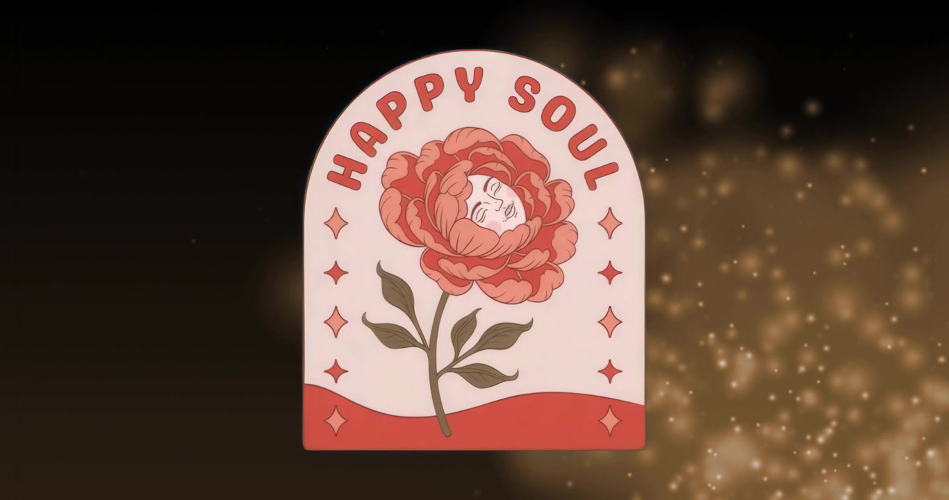 Jiskry vycházející zprava se unášejí přes gradient květinového emblému HAPPY SOUL, naklánějící se v cyklicky se opakujícím proudu.