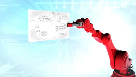 digitally generated video of red robotic arm holding card with mathematical formula