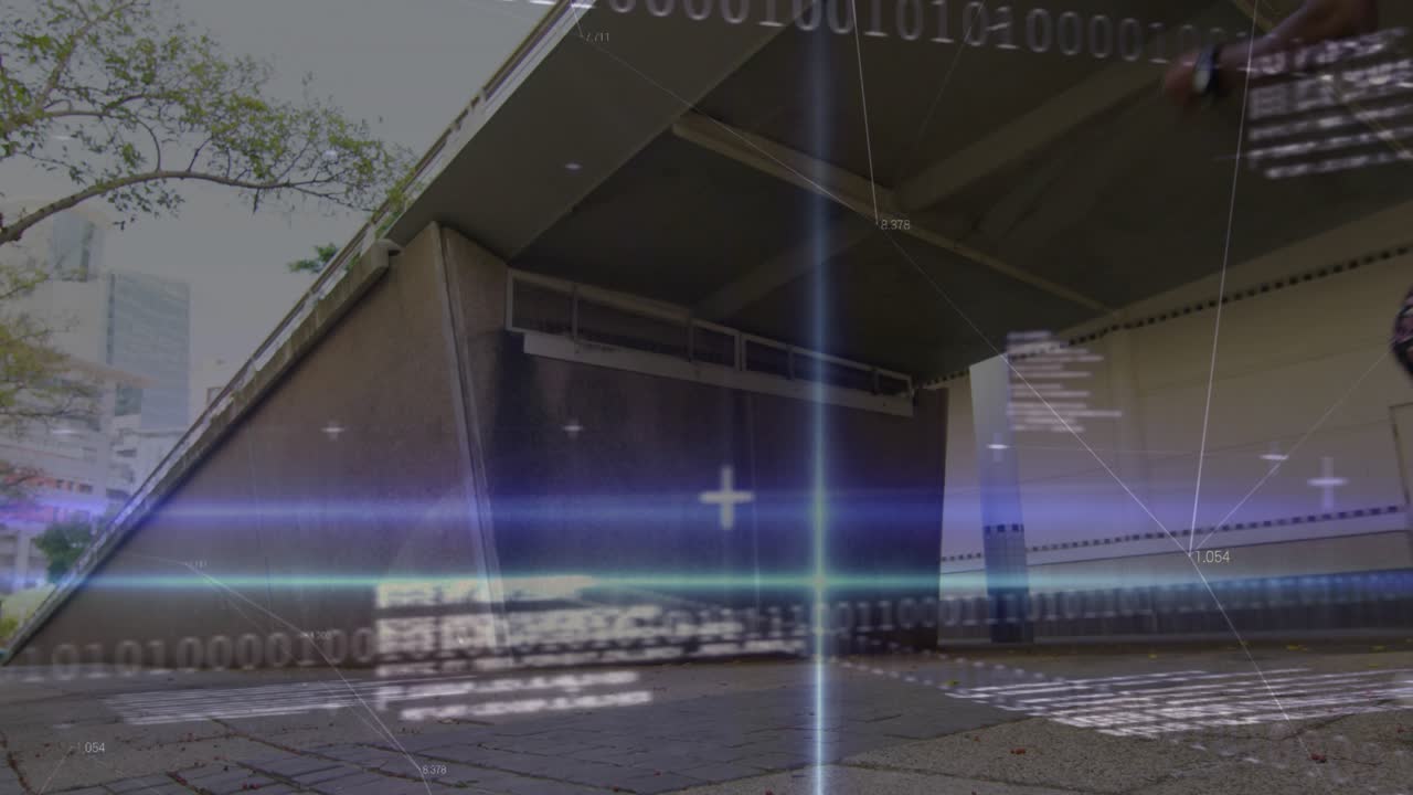 Female athlete accelerating toward sloped wall and wall-running, tech HUD overlays analyzing speed