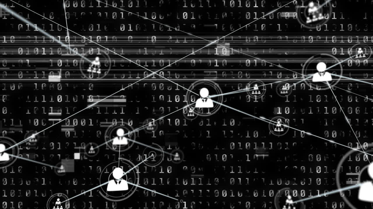 Network of connections and binary coding animation over black background