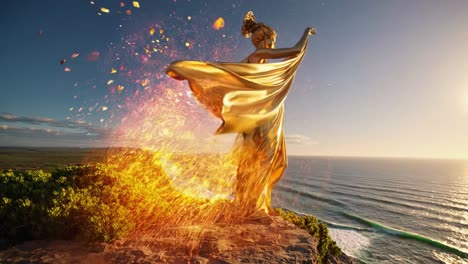 golden goddess statue on cliff overlooking the ocean at sunset