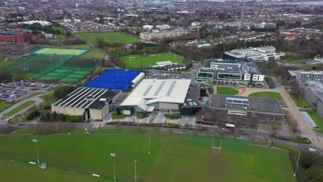 aerial view of university campus with sports fields