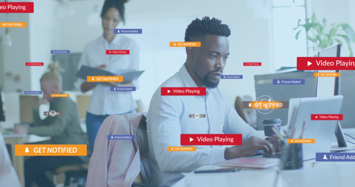 Animation of social media icons with texts over diverse business people