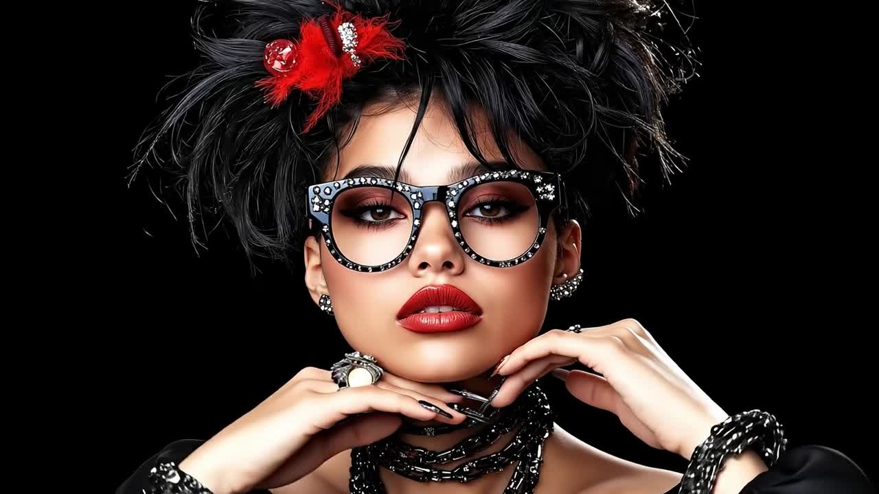 Una donna che indossa un vestito nero e degli occhiali con un fiore rosso tra i capelli