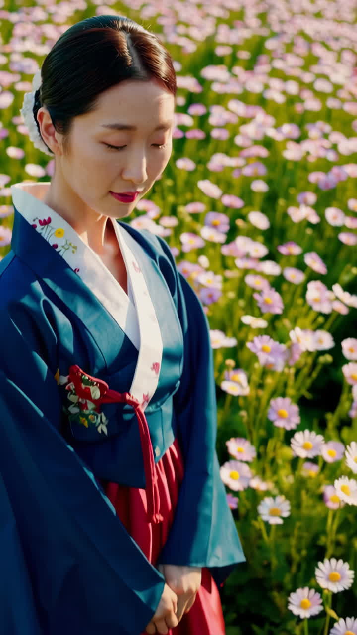Woman in Traditional Korean Hanbok in a Flower Field