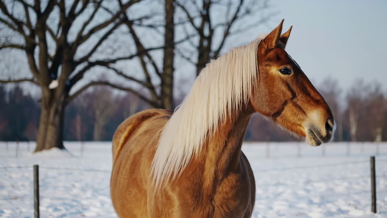 A beautiful horse with a blonde mane stands in a snowy field