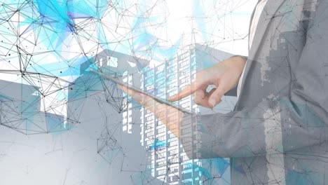 Animation-of-network-of-connections-over-businessman-using-tablet-and-cityscape-in-background