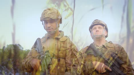 animation of caucasian soldiers in uniforms with machine guns over meadow background