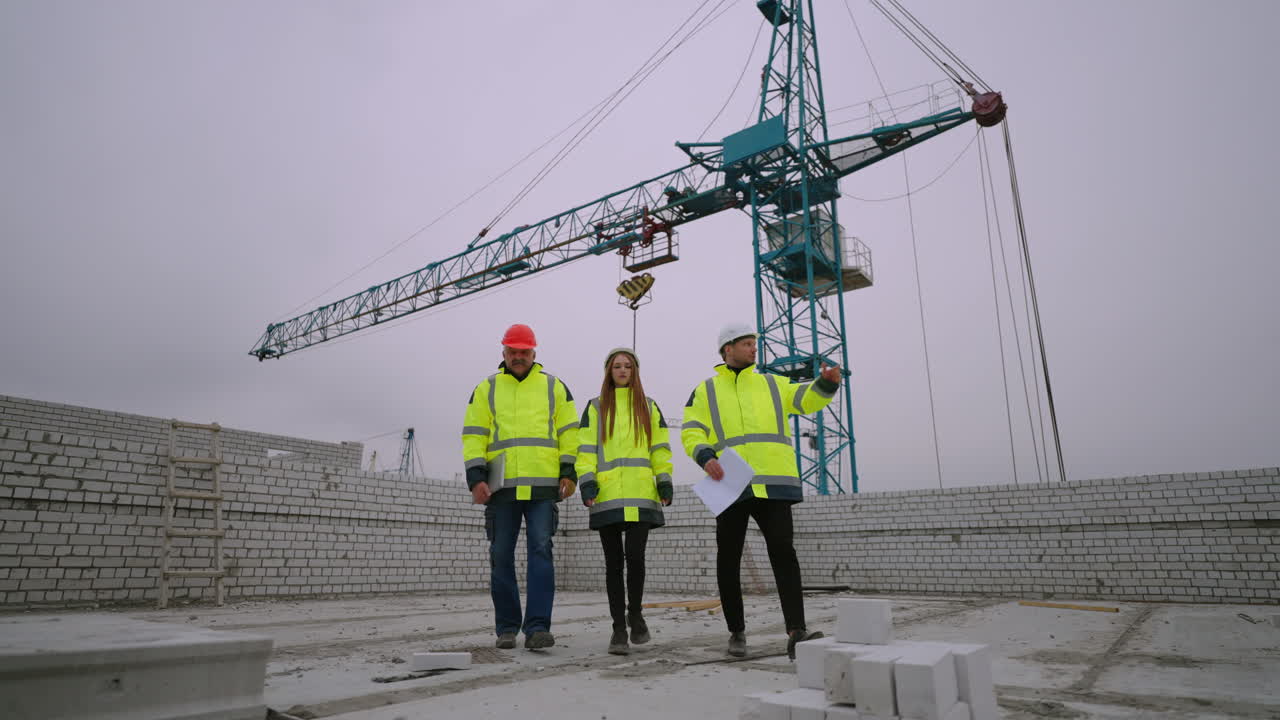 people in hardhats are walking in construction site viewing process of building inspectors and civil engineers