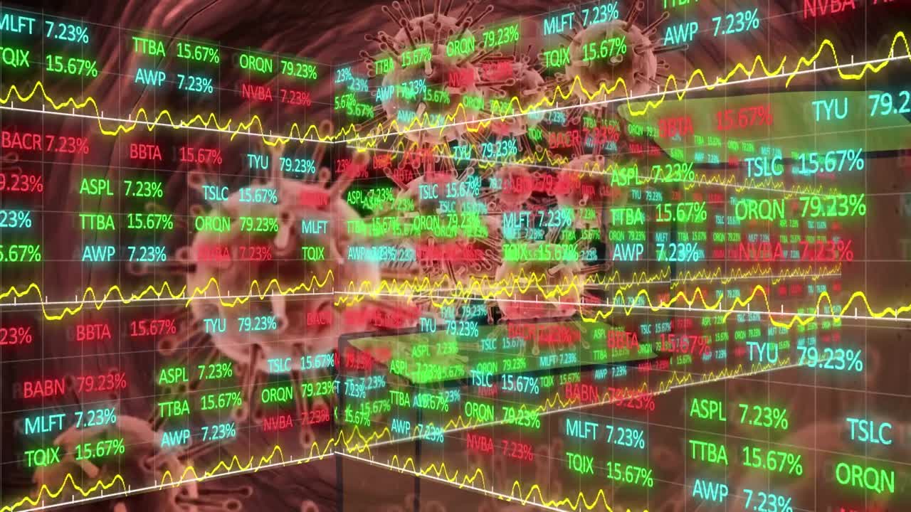 анимация обработки данных над падающими клетками covid-19.