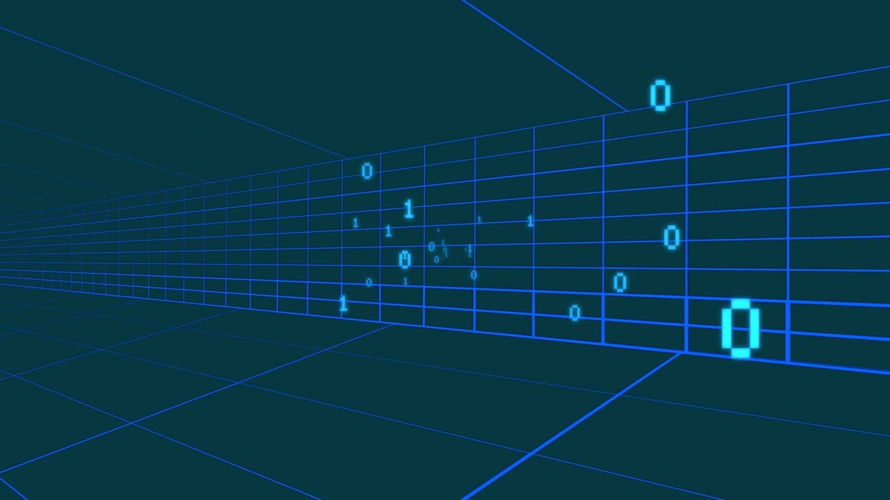 Cluster of cyan digits materializing, spinning, merging, showing data flow in 3D wireframe grid