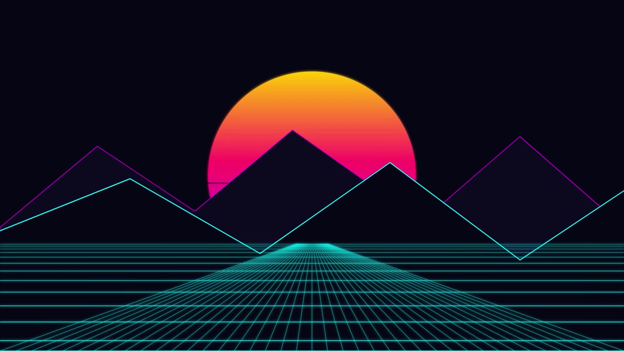 Retro Synthwave Style Landscape with Glowing Sun and Grid