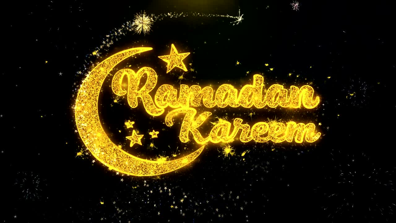 el texto de ramadán kareem desea una exhibición de fuegos artificiales de partículas de oro.