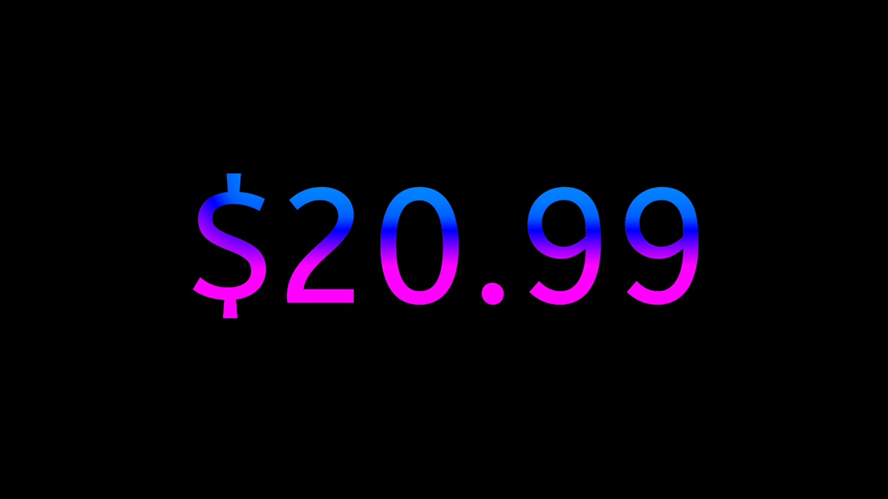 Modern Neon Fiyat Etiketi 20.99 $ Animasyon Parlayan Gradyan Para Birimi Metni Siyah Arka Plan Üzerinde Hareketli Grafikler, Döngüsel iş konsepti