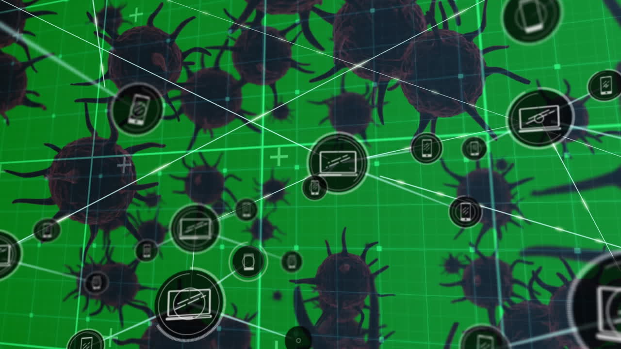 red de iconos digitales sobre red de rejilla contra múltiples células de covid-19 en fondo verde