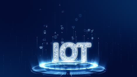 푸른색 디지털 iot (물의 인터넷) 로고의 모션 그래픽과 미래 기술 원 회전 및 추상적인 배경에 있는 레비테이션 아이콘