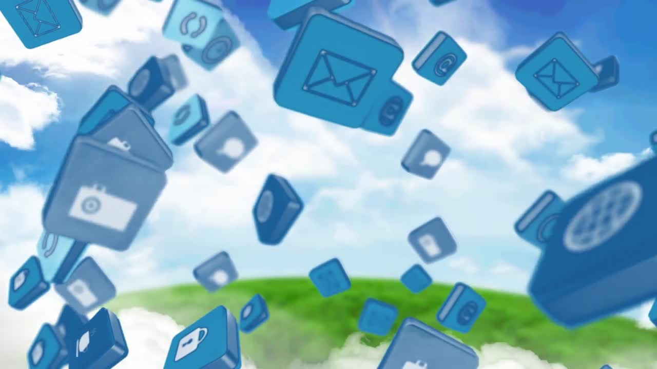 Animation of digital online icons floating over field
