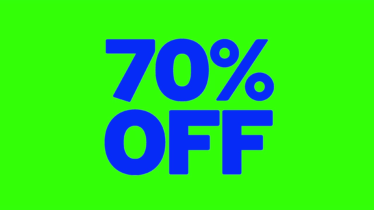 Grafis Diskon 70% Biru Tebal dianimasikan ke layar. 4K. Layar hijau yang dapat dikunci, serbaguna.
