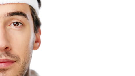 sporty man wering sweatband portrait close up half face character series isolated on pure white background