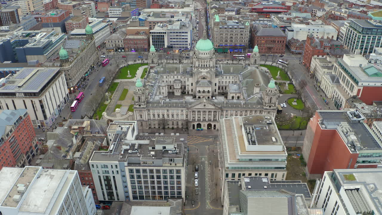Wide aerial view of Belfast town hall. Static establishing shot