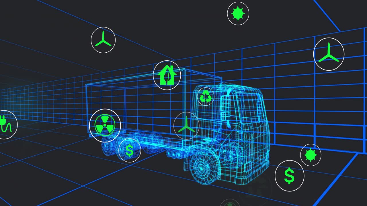 Upon materializing wireframe truck, icons fading orbiting highlighting sustainability metrics