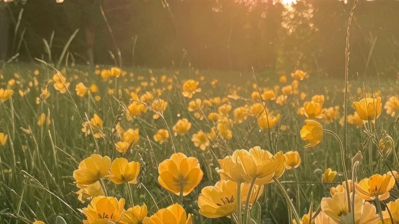Video ripreso dal basso che cattura un prato sereno con fiori gialli che si bagnano nella calda luce del sole.