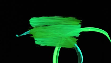 animation of stroke of green paint with green and teal paint being splashed on black background.